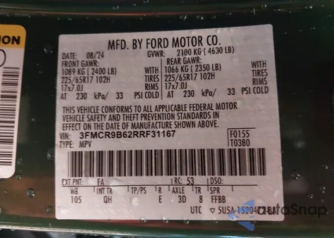 2024 Ford Bronco Sport Big Bend z USA, uszkodzony, nr VIN 3FMCR9B62RRF31167